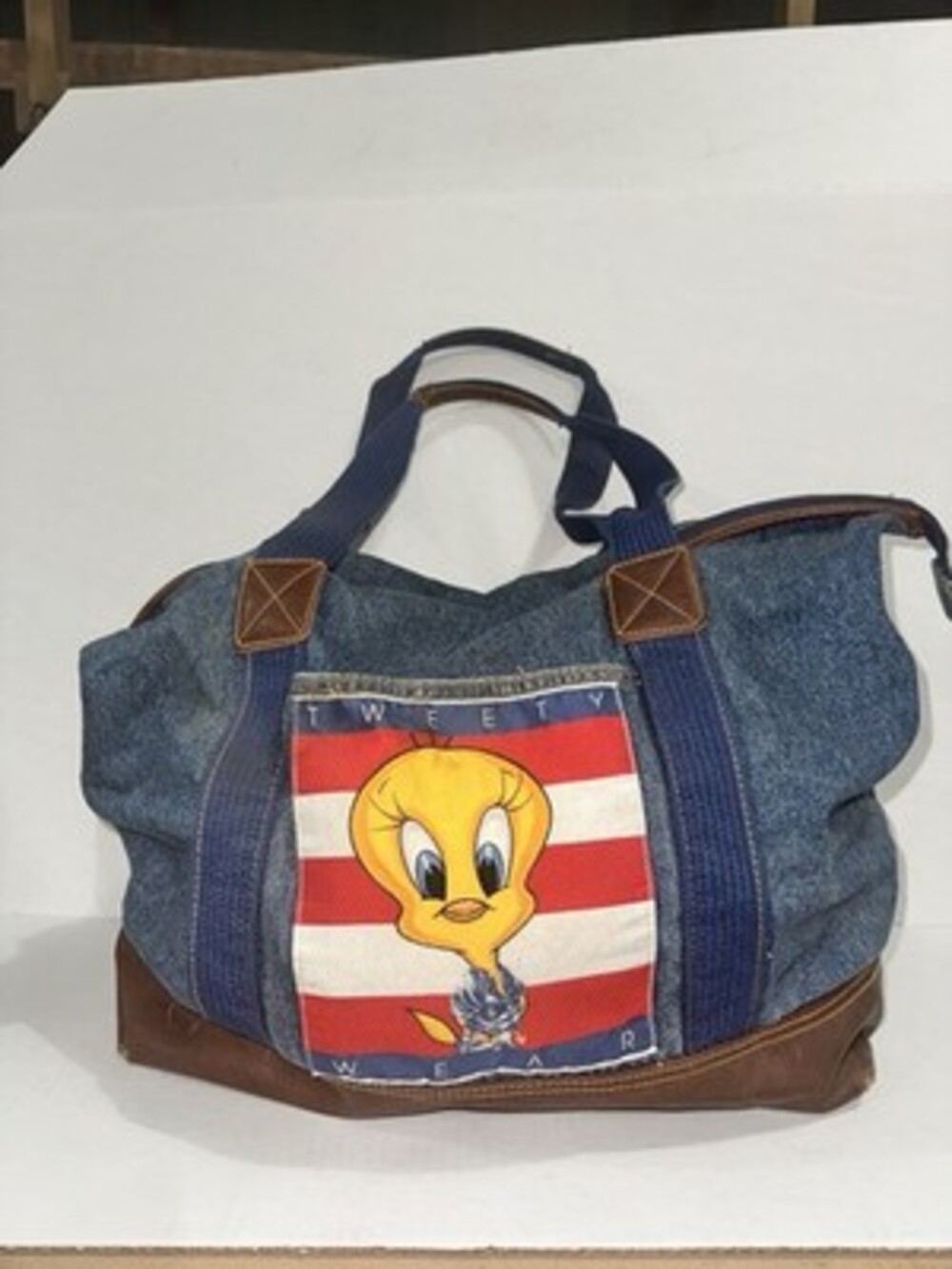 Vintage Tweety Bird Denim Duffle Bag Looney Tunes Leather Base USA Flag